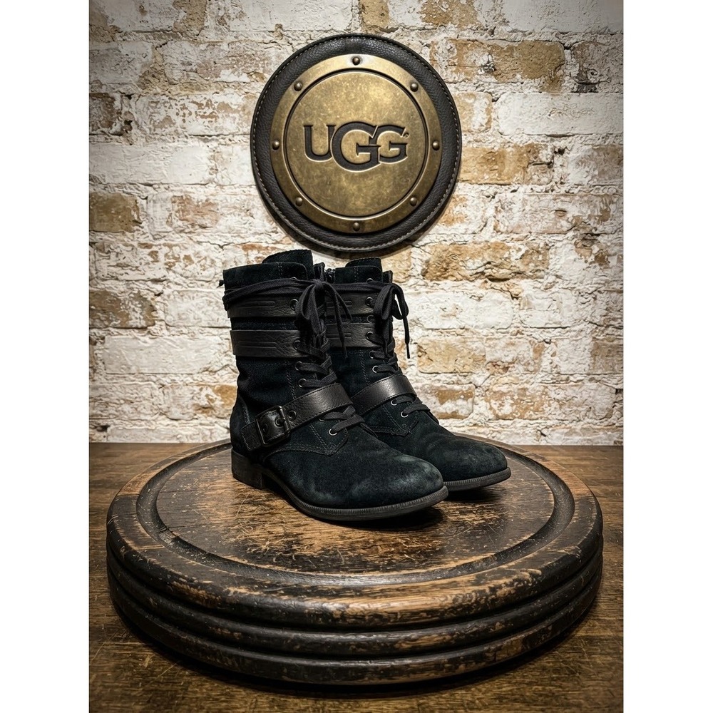 UGG Simmens Waterproof Black Suede Leather Moto Combat Boots Buckle Zip 1008439
